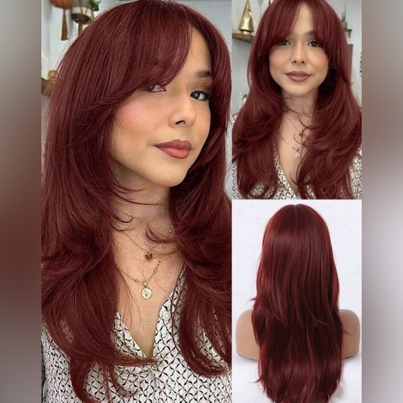 24 Inch Wine red Layered wig with curtain Bangs for daily use - Picture 1 of 7